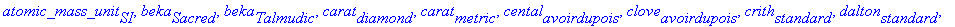 atomic_mass_unit[SI], beka[Sacred], beka[Talmudic],...