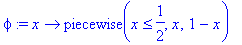 phi := proc (x) options operator, arrow; piecewise(x <= 1/2,x,1-x) end proc