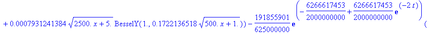 u := proc (x, t) options operator, arrow; 15242297/10000000*exp(-115849773/125000000+115849773/125000000*exp(-2*t))*(.3537421558e-1*sqrt(2500.*x+5.)*BesselJ(1.,.1722136518*sqrt(500.*x+1.))+.7931241384e...