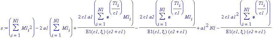 s := sum(M1[i]^2,i = 1 .. N1)-2*a1*sum(M1[i],i = 1 .. N1)+2/E1(c1,xi)/(c2+c1)*c1*a1*sum(exp(T1[i]/c1)*M1[i],i = 1 .. N1)-2/E1(c1,xi)/(c2+c1)*c1*a2*sum(exp(T1[i]/c1)*M1[i],i = 1 .. N1)+a1^2*N1-2/E1(c1,x...