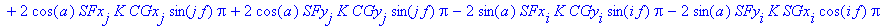R25 := -2*cos(a)*Pi*K*sum(C1x[k]*C2x[k]*cos(k*f),k = 1 .. N)+2*sin(a)*Pi*K*sum(C1x[k]*C2y[k]*cos(k*f),k = 1 .. N)+2*sin(a)*Pi*K*sum(C1x[k]*S2y[k]*sin(k*f),k = 1 .. N)-2*cos(a)*Pi*K*sum(C1x[k]*S2x[k]*si...