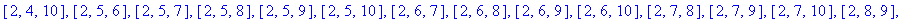 [110, [[1, 2, 3], [1, 2, 4], [1, 2, 5], [1, 2, 6], [1, 2, 7], [1, 2, 8], [1, 2, 9], [1, 2, 10], [1, 3, 4], [1, 3, 6], [1, 3, 8], [1, 3, 10], [1, 4, 5], [1, 4, 6], [1, 4, 7], [1, 4, 8], [1, 4, 9], [1, 4...