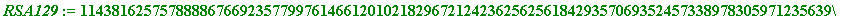 RSA129 := 114381625757888867669235779976146612010218296721242362562561842935706935245733897830597123563958705058989075147599290026879543541
