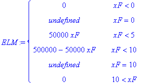ELM := PIECEWISE([0, xF < 0],[undefined, xF = 0],[50000*xF, xF < 5],[500000-50000*xF, xF < 10],[undefined, xF = 10],[0, 10 < xF])