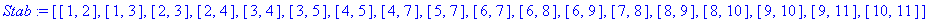 Stab := [[1, 2], [1, 3], [2, 3], [2, 4], [3, 4], [3, 5], [4, 5], [4, 7], [5, 7], [6, 7], [6, 8], [6, 9], [7, 8], [8, 9], [8, 10], [9, 10], [9, 11], [10, 11]]