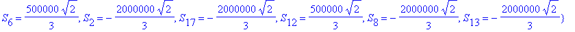 F2 := {Ay[1] = 2500000, S[14] = -2500000/3, S[5] = -2500000/3, S[10] = 500000/3, S[16] = 2500000/3, S[11] = -500000/3, Ax[11] = -3500000/3, S[18] = -5500000/3, S[1] = -5500000/3, Ay[11] = 2500000, Ax[1...