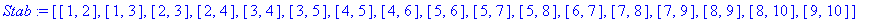 Stab := [[1, 2], [1, 3], [2, 3], [2, 4], [3, 4], [3, 5], [4, 5], [4, 6], [5, 6], [5, 7], [5, 8], [6, 7], [7, 8], [7, 9], [8, 9], [8, 10], [9, 10]]
