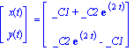 Vector[column]([[x(t)], [y(t)]]) = Vector[column]([[_C1+_C2*exp(2*t)], [_C2*exp(2*t)-_C1]])