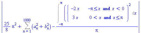 abs(25/8*Pi^2+(Sum(a[n]^2+b[n]^2, n = 1 .. 1000))-Int(piecewise(-Pi <= x and x < 0, -2*x, 0 < x and x <= Pi, 3*x)^2, x = -Pi .. Pi)/Pi)