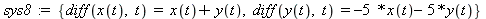 sys8 := {diff(x(t), t) = x(t)+y(t), diff(y(t), t) = -5*x(t)-5*y(t)}