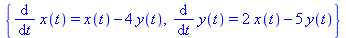 {diff(x(t), t) = x(t)-4*y(t), diff(y(t), t) = 2*x(t)-5*y(t)}
