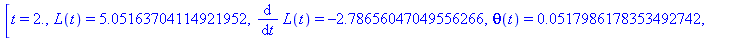 [t = 2., L(t) = 5.05163704114921952, diff(L(t), t) = -2.78656047049556266, theta(t) = 0.517986178353492742e-1, diff(theta(t), t) = .138481580132514104]