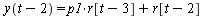 y(`+`(t, `-`(2))) = `+`(`*`(p1, `*`(r[`+`(t, `-`(3))])), r[`+`(t, `-`(2))])