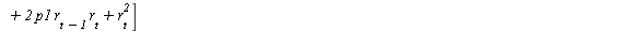 AutoCovariance(y(t), y(t)) = `*`(E, `*`([`+`(`*`(`^`(p2, 2), `*`(`^`(r[`+`(t, `-`(2))], 2))), `*`(2, `*`(p2, `*`(r[`+`(t, `-`(2))], `*`(p1, `*`(r[`+`(t, `-`(1))]))))), `*`(2, `*`(p2, `*`(r[`+`(t, `-`(...
