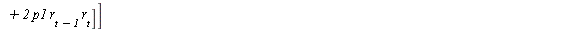 AutoCovariance(y(t), y(t)) = E[`+`(`*`(`^`(p2, 2), `*`(`^`(r[`+`(t, `-`(2))], 2))), `*`(`^`(p1, 2), `*`(`^`(r[`+`(t, `-`(1))], 2))), `*`(`^`(r[t], 2)), [`+`(`*`(2, `*`(p2, `*`(r[`+`(t, `-`(2))], `*`(p...