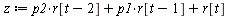 `:=`(z, `+`(`*`(p2, `*`(r[`+`(t, `-`(2))])), `*`(p1, `*`(r[`+`(t, `-`(1))])), r[t]))