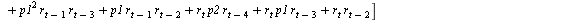 AutoCovariance(y(t), y(`+`(t, `-`(2)))) = `*`(E, `*`([`+`(`*`(`^`(p2, 2), `*`(r[`+`(t, `-`(2))], `*`(r[`+`(t, `-`(4))]))), `*`(p2, `*`(r[`+`(t, `-`(2))], `*`(p1, `*`(r[`+`(t, `-`(3))])))), `*`(p2, `*`...