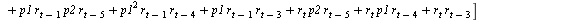 AutoCovariance(y(t), y(`+`(t, `-`(3)))) = `*`(E, `*`([`+`(`*`(`^`(p2, 2), `*`(r[`+`(t, `-`(2))], `*`(r[`+`(t, `-`(5))]))), `*`(p2, `*`(r[`+`(t, `-`(2))], `*`(p1, `*`(r[`+`(t, `-`(4))])))), `*`(p2, `*`...