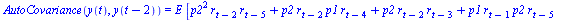 AutoCovariance(y(t), y(`+`(t, `-`(2)))) = `*`(E, `*`([`+`(`*`(`^`(p2, 2), `*`(r[`+`(t, `-`(2))], `*`(r[`+`(t, `-`(5))]))), `*`(p2, `*`(r[`+`(t, `-`(2))], `*`(p1, `*`(r[`+`(t, `-`(4))])))), `*`(p2, `*`...