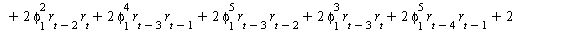 AutoCovariance(y(t), y(t)) = `*`(E, `*`([`+`(`*`(`^`(phi[1], 8), `*`(`^`(r[`+`(t, `-`(4))], 2))), `*`(`^`(phi[1], 6), `*`(`^`(r[`+`(t, `-`(3))], 2))), `*`(`^`(phi[1], 4), `*`(`^`(r[`+`(t, `-`(2))], 2)...
