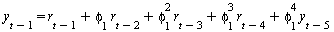 y[`+`(t, `-`(1))] = `+`(`*`(`^`(phi[1], 4), `*`(y[`+`(t, `-`(5))])), `*`(`^`(phi[1], 3), `*`(r[`+`(t, `-`(4))])), `*`(`^`(phi[1], 2), `*`(r[`+`(t, `-`(3))])), `*`(phi[1], `*`(r[`+`(t, `-`(2))])), r[`+...