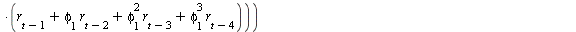 AutoCovariance(y(t), y(`+`(t, `-`(1)))) = E(expand(`*`(`+`(r[t], `*`(phi[1], `*`(r[`+`(t, `-`(1))])), `*`(`^`(phi[1], 2), `*`(r[`+`(t, `-`(2))])), `*`(`^`(phi[1], 3), `*`(r[`+`(t, `-`(3))])), `*`(`^`(...