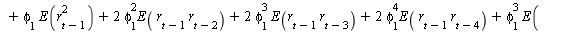 AutoCovariance(y(t), y(`+`(t, `-`(1)))) = `+`(E(`*`(r[t], `*`(r[`+`(t, `-`(1))]))), `*`(phi[1], `*`(E(`*`(r[t], `*`(r[`+`(t, `-`(2))]))))), `*`(`^`(phi[1], 2), `*`(E(`*`(r[t], `*`(r[`+`(t, `-`(3))])))...