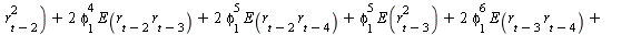 AutoCovariance(y(t), y(`+`(t, `-`(1)))) = `+`(E(`*`(r[t], `*`(r[`+`(t, `-`(1))]))), `*`(phi[1], `*`(E(`*`(r[t], `*`(r[`+`(t, `-`(2))]))))), `*`(`^`(phi[1], 2), `*`(E(`*`(r[t], `*`(r[`+`(t, `-`(3))])))...