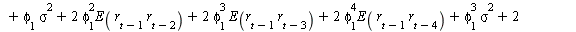 AutoCovariance(y(t), y(`+`(t, `-`(1)))) = `+`(E(`*`(r[t], `*`(r[`+`(t, `-`(1))]))), `*`(phi[1], `*`(E(`*`(r[t], `*`(r[`+`(t, `-`(2))]))))), `*`(`^`(phi[1], 2), `*`(E(`*`(r[t], `*`(r[`+`(t, `-`(3))])))...