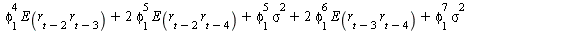AutoCovariance(y(t), y(`+`(t, `-`(1)))) = `+`(E(`*`(r[t], `*`(r[`+`(t, `-`(1))]))), `*`(phi[1], `*`(E(`*`(r[t], `*`(r[`+`(t, `-`(2))]))))), `*`(`^`(phi[1], 2), `*`(E(`*`(r[t], `*`(r[`+`(t, `-`(3))])))...