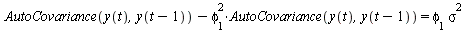 `+`(AutoCovariance(y(t), y(`+`(t, `-`(1)))), `-`(`*`(`^`(phi[1], 2), `*`(AutoCovariance(y(t), y(`+`(t, `-`(1)))))))) = `*`(phi[1], `*`(`^`(sigma, 2)))