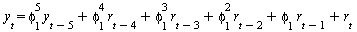 y[t] = `+`(`*`(`^`(phi[1], 5), `*`(y[`+`(t, `-`(5))])), `*`(`^`(phi[1], 4), `*`(r[`+`(t, `-`(4))])), `*`(`^`(phi[1], 3), `*`(r[`+`(t, `-`(3))])), `*`(`^`(phi[1], 2), `*`(r[`+`(t, `-`(2))])), `*`(phi[1...