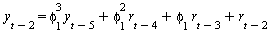 y[`+`(t, `-`(2))] = `+`(`*`(`^`(phi[1], 3), `*`(y[`+`(t, `-`(5))])), `*`(`^`(phi[1], 2), `*`(r[`+`(t, `-`(4))])), `*`(phi[1], `*`(r[`+`(t, `-`(3))])), r[`+`(t, `-`(2))])