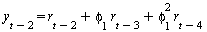 y[`+`(t, `-`(2))] = `+`(r[`+`(t, `-`(2))], `*`(phi[1], `*`(r[`+`(t, `-`(3))])), `*`(`^`(phi[1], 2), `*`(r[`+`(t, `-`(4))])))