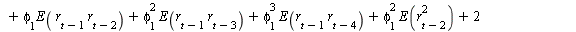 AutoCovariance(y(t), y(`+`(t, `-`(2)))) = `+`(E(`*`(r[t], `*`(r[`+`(t, `-`(2))]))), `*`(phi[1], `*`(E(`*`(r[t], `*`(r[`+`(t, `-`(3))]))))), `*`(`^`(phi[1], 2), `*`(E(`*`(r[t], `*`(r[`+`(t, `-`(4))])))...