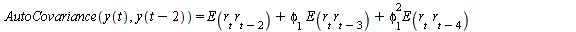 AutoCovariance(y(t), y(`+`(t, `-`(2)))) = `+`(E(`*`(r[t], `*`(r[`+`(t, `-`(2))]))), `*`(phi[1], `*`(E(`*`(r[t], `*`(r[`+`(t, `-`(3))]))))), `*`(`^`(phi[1], 2), `*`(E(`*`(r[t], `*`(r[`+`(t, `-`(4))])))...