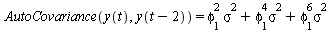 AutoCovariance(y(t), y(`+`(t, `-`(2)))) = `+`(`*`(`^`(phi[1], 2), `*`(`^`(sigma, 2))), `*`(`^`(phi[1], 4), `*`(`^`(sigma, 2))), `*`(`^`(phi[1], 6), `*`(`^`(sigma, 2))))