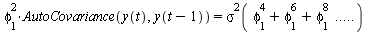 `*`(`^`(phi[1], 2), `*`(AutoCovariance(y(t), y(`+`(t, `-`(1)))))) = `*`(`^`(sigma(`+`(`*`(`^`(phi[1], 4)), `*`(`^`(phi[1], 6)), `*`(`^`(phi[1], 8))) .. ()), 2))