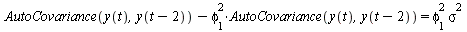 `+`(AutoCovariance(y(t), y(`+`(t, `-`(2)))), `-`(`*`(`^`(phi[1], 2), `*`(AutoCovariance(y(t), y(`+`(t, `-`(2)))))))) = `*`(`^`(phi[1], 2), `*`(`^`(sigma, 2)))