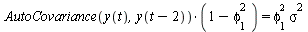 `*`(AutoCovariance(y(t), y(`+`(t, `-`(2)))), `*`(`+`(1, `-`(`*`(`^`(phi[1], 2)))))) = `*`(`^`(phi[1], 2), `*`(`^`(sigma, 2)))