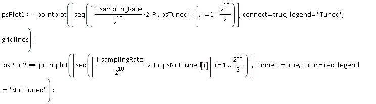psPlot1 := pointplot([seq([2*i*samplingRate*Pi/2^10, psTuned[i]], i = 1 .. (1/2)*2^10)], connect = true, legend = "Tuned", gridlines):