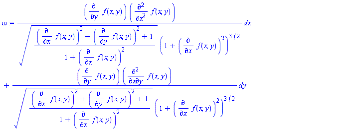 _DG([["form", M, 1], [[[1], (diff(f(x, y), y))*(diff(diff(f(x, y), x), x))/((((diff(f(x, y), x))^2+(diff(f(x, y), y))^2+1)/(1+(diff(f(x, y), x))^2))^(1/2)*(1+(diff(f(x, y), x))^2)^(3/2))], [[2], (diff(f(x, y), y))*(diff(diff(f(x, y), x), y))/((((diff(f(x, y), x))^2+(diff(f(x, y), y))^2+1)/(1+(diff(f(x, y), x))^2))^(1/2)*(1+(diff(f(x, y), x))^2)^(3/2))]]])